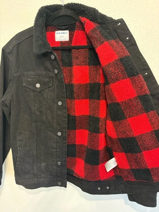 Old Navy Sherpa Lined Black Denim Jacket Mens M Tall Plaid Flannel Trucker Coat - Picture 6 of 12